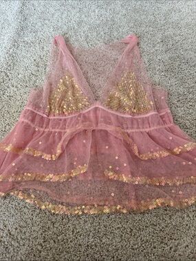 Pink Sequin Mesh Babydoll Top